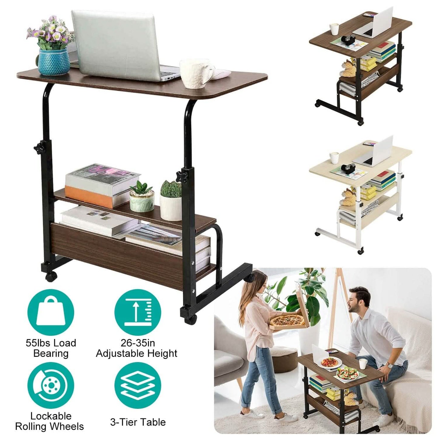 3-Tier Height Adjustable Laptop Desk with Rolling Wheels DailySale