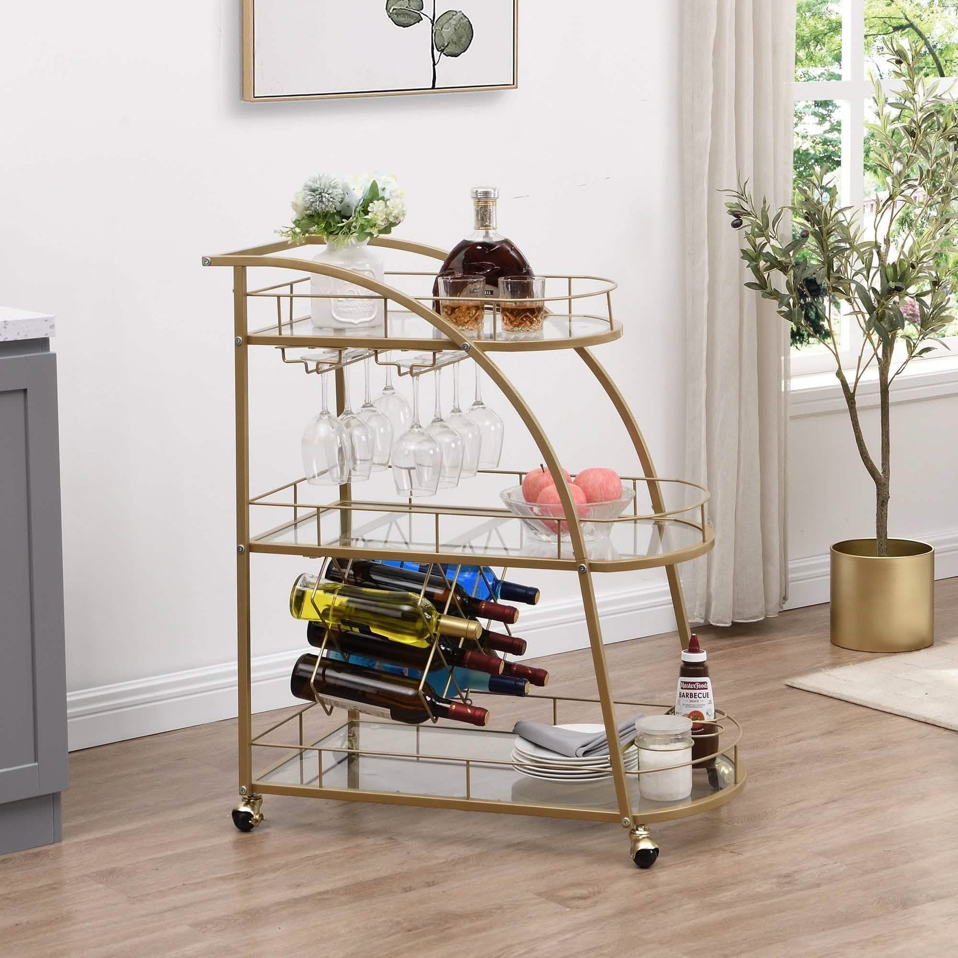3 Tier Metal Frame Serving Wine Cart with Wheels DailySale