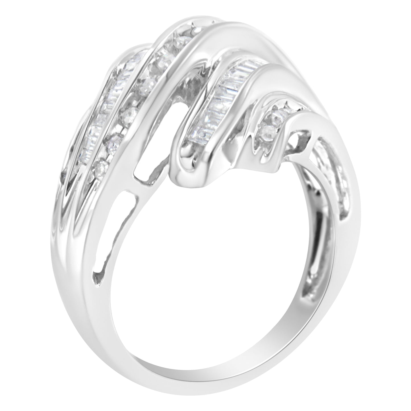10K White Gold Round and Baguette Cut Diamond Channel Ring (3/4 Cttw, H-I Color, SI2-I1 Clarity) - Size 7 Bids.com