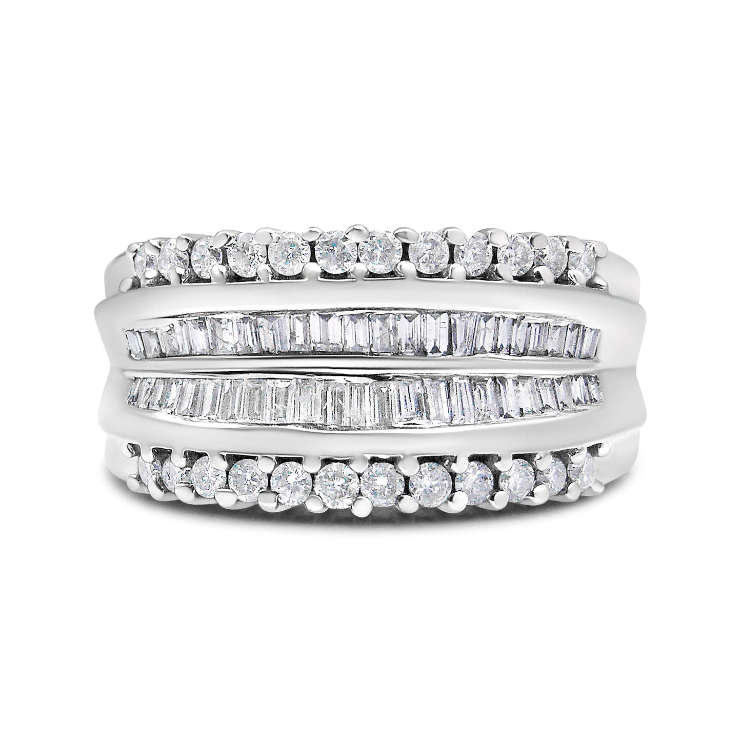 14K White Gold 1.00 Cttw Round and Baguette-Cut Diamond Modern Band Ring (H-I Color, SI2-I1 Clarity) - Ring Size 7 Bids.com