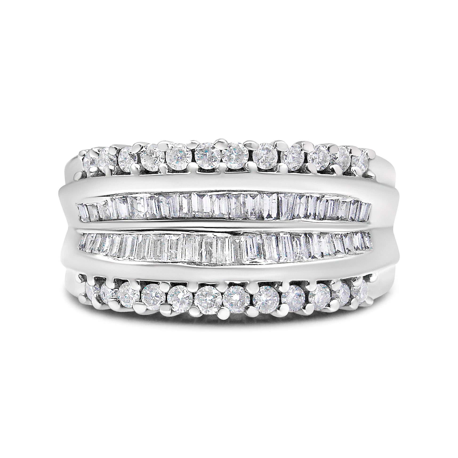 14K White Gold 1.00 Cttw Round and Baguette-Cut Diamond Modern Band Ring (H-I Color, SI2-I1 Clarity) - Ring Size 7 Bids.com