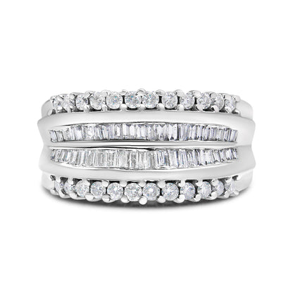 14K White Gold 1.00 Cttw Round and Baguette-Cut Diamond Modern Band Ring (H-I Color, SI2-I1 Clarity) - Ring Size 7 Bids.com