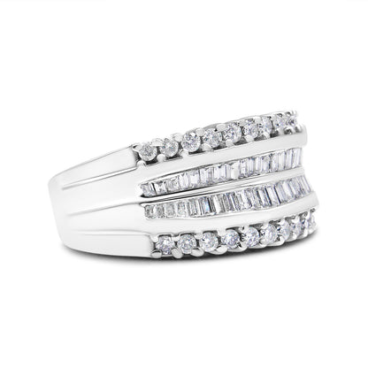 14K White Gold 1.00 Cttw Round and Baguette-Cut Diamond Modern Band Ring (H-I Color, SI2-I1 Clarity) - Ring Size 7 Bids.com