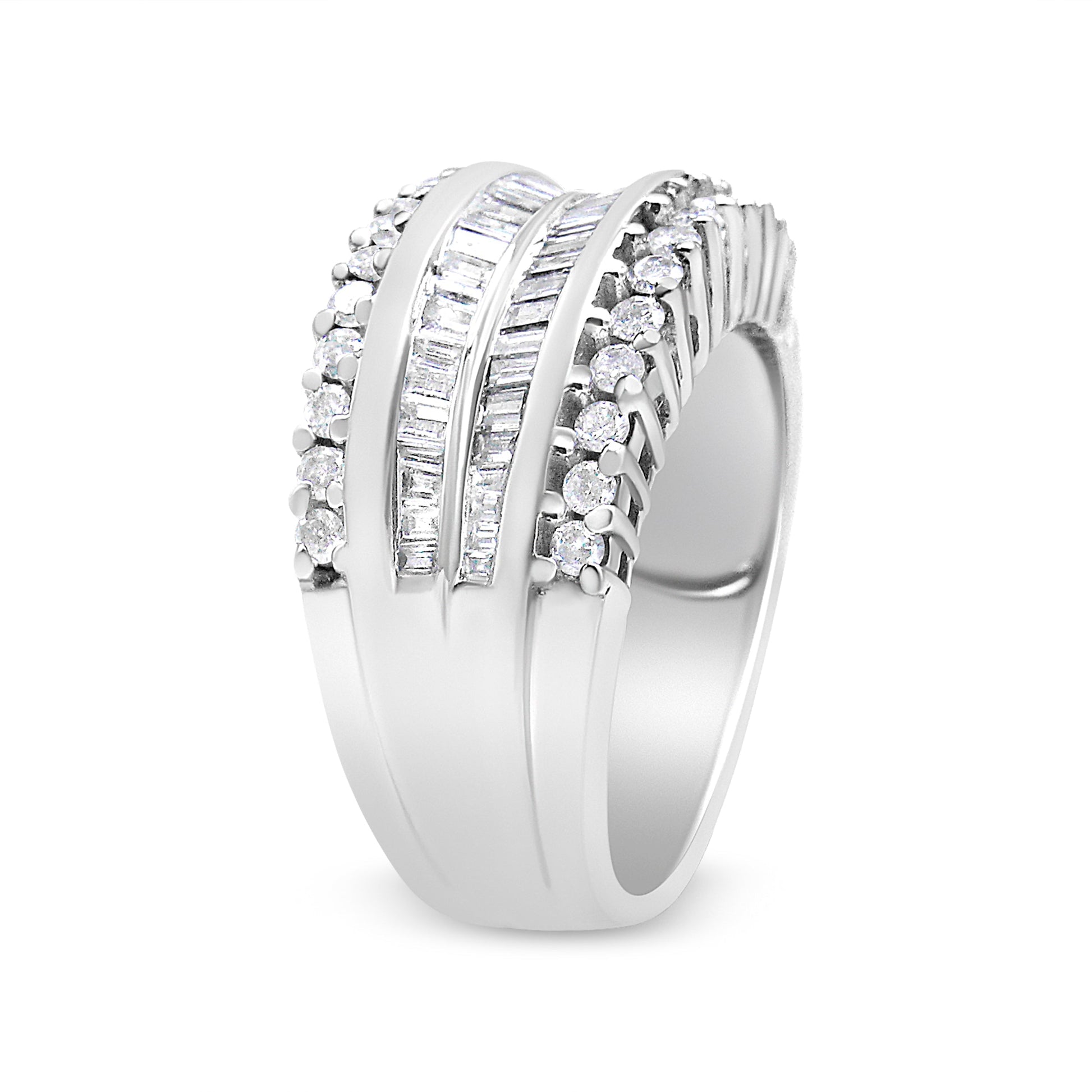 14K White Gold 1.00 Cttw Round and Baguette-Cut Diamond Modern Band Ring (H-I Color, SI2-I1 Clarity) - Ring Size 7 Bids.com