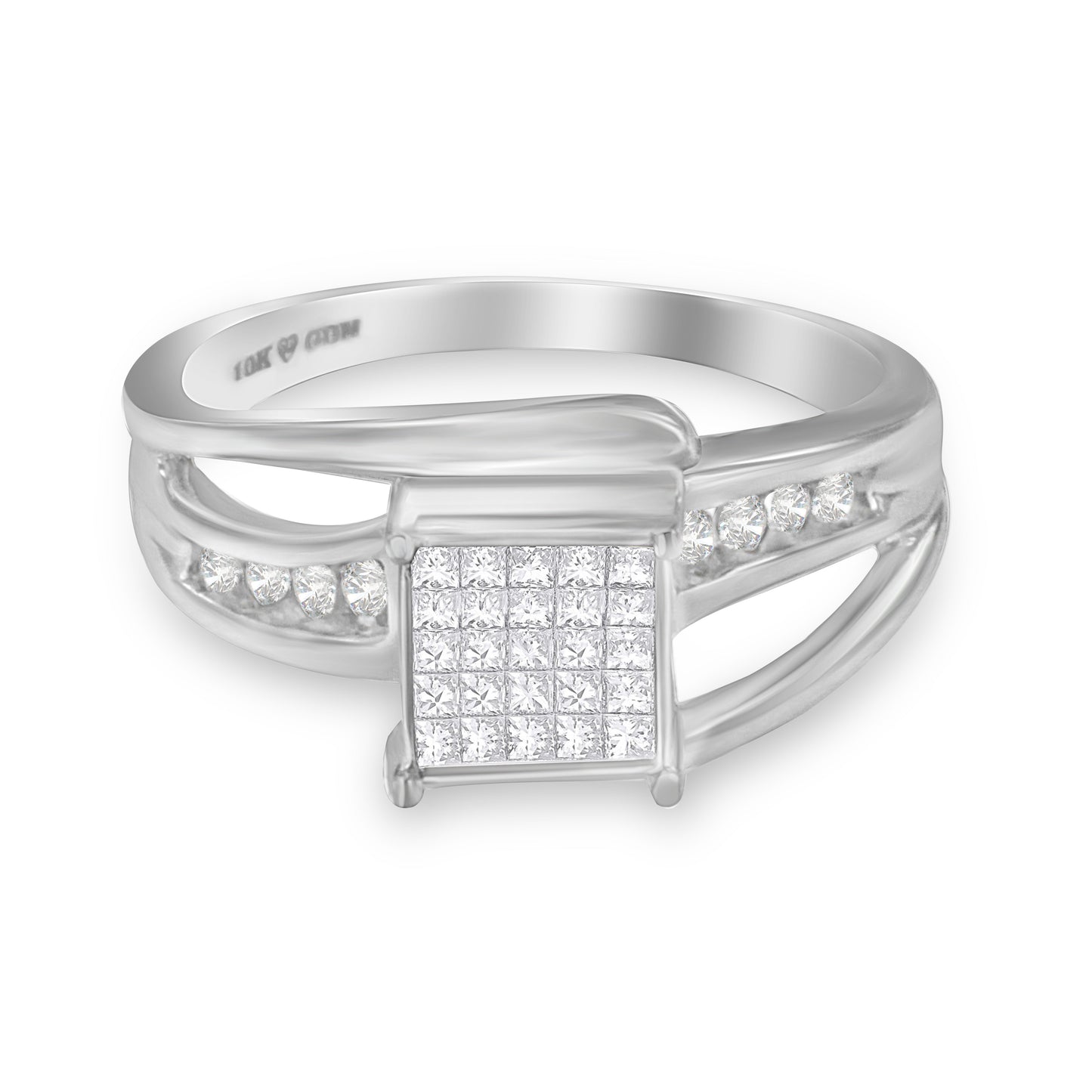 10K White Gold 1/3 Cttw Invisible Set Princess-cut Diamond Cluster Bypass Ring (H-I Color, SI1-SI2 Clarity) - Ring Size 7 Bids.com
