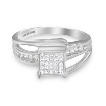 10K White Gold 1/3 Cttw Invisible Set Princess-cut Diamond Cluster Bypass Ring (H-I Color, SI1-SI2 Clarity) - Ring Size 7 Bids.com