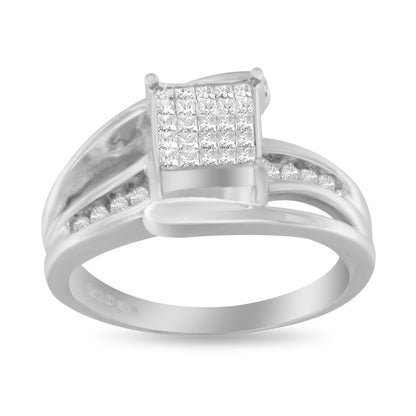 10K White Gold 1/3 Cttw Invisible Set Princess-cut Diamond Cluster Bypass Ring (H-I Color, SI1-SI2 Clarity) - Ring Size 7 Bids.com