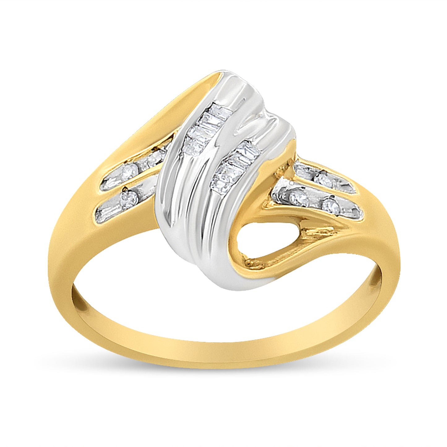 10K Yellow and White Gold 1/10 Cttw Baguette and Round-Cut Diamond Bypass Ring (I2 Color, H-I Clarity) - Size 7 Bids.com