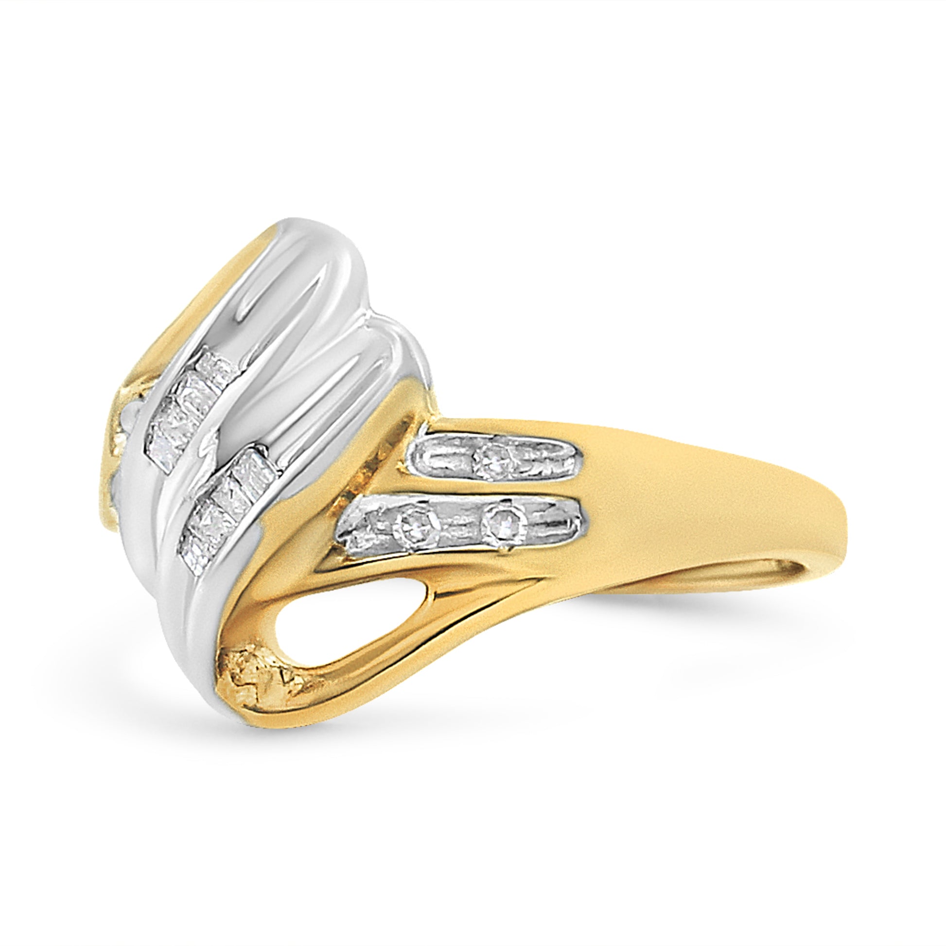 10K Yellow and White Gold 1/10 Cttw Baguette and Round-Cut Diamond Bypass Ring (I2 Color, H-I Clarity) - Size 7 Bids.com