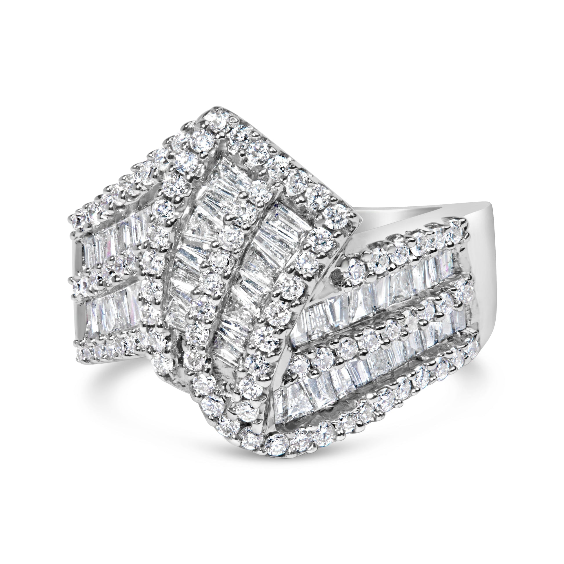 14K White Gold 1-1/2 Cttw Round and Baguette Diamond Bypass Cocktail Ring Band (H-I Color, SI1-SI2 Clarity) - Size 7 Bids.com