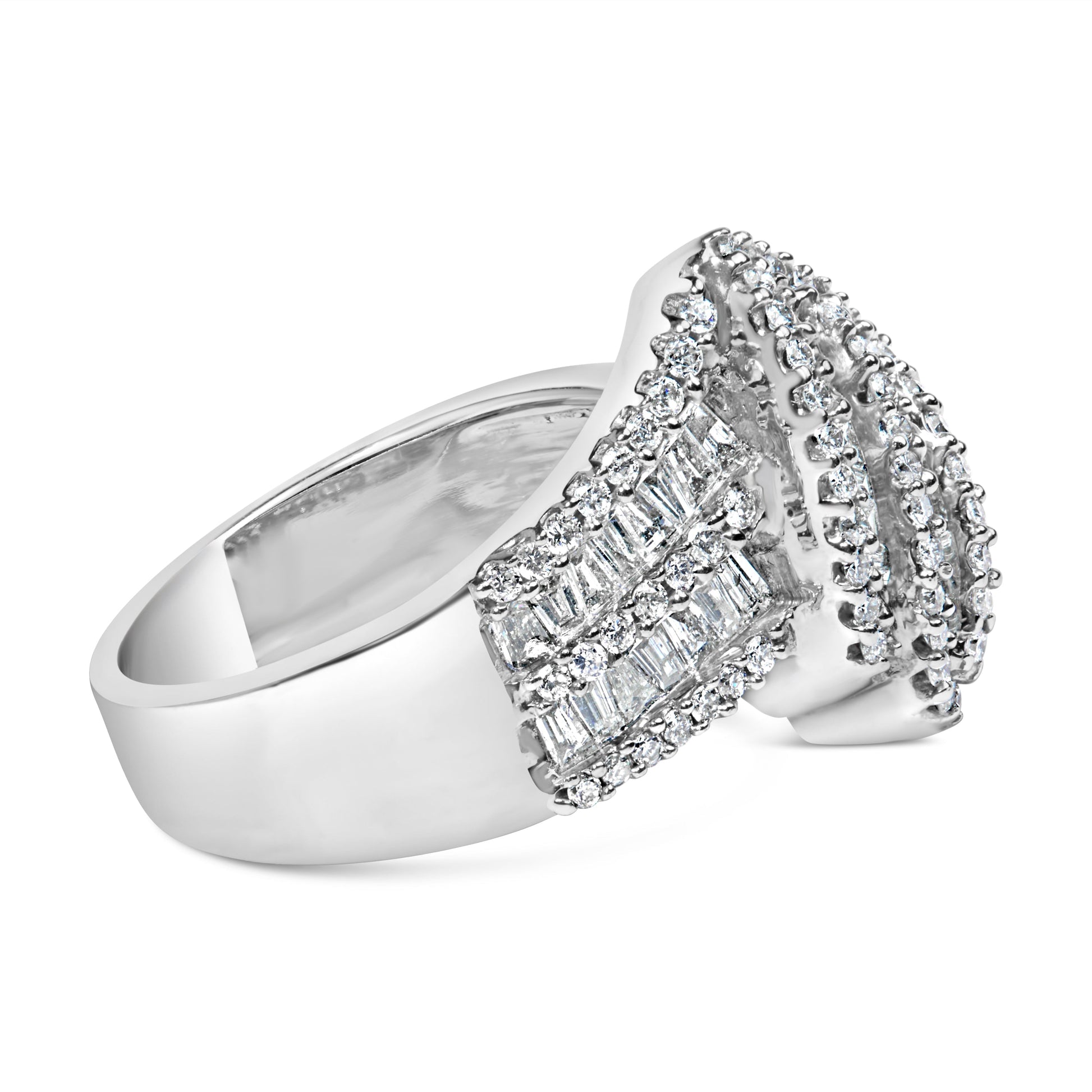 14K White Gold 1-1/2 Cttw Round and Baguette Diamond Bypass Cocktail Ring Band (H-I Color, SI1-SI2 Clarity) - Size 7 Bids.com