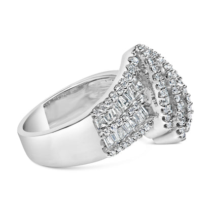 14K White Gold 1-1/2 Cttw Round and Baguette Diamond Bypass Cocktail Ring Band (H-I Color, SI1-SI2 Clarity) - Size 7 Bids.com