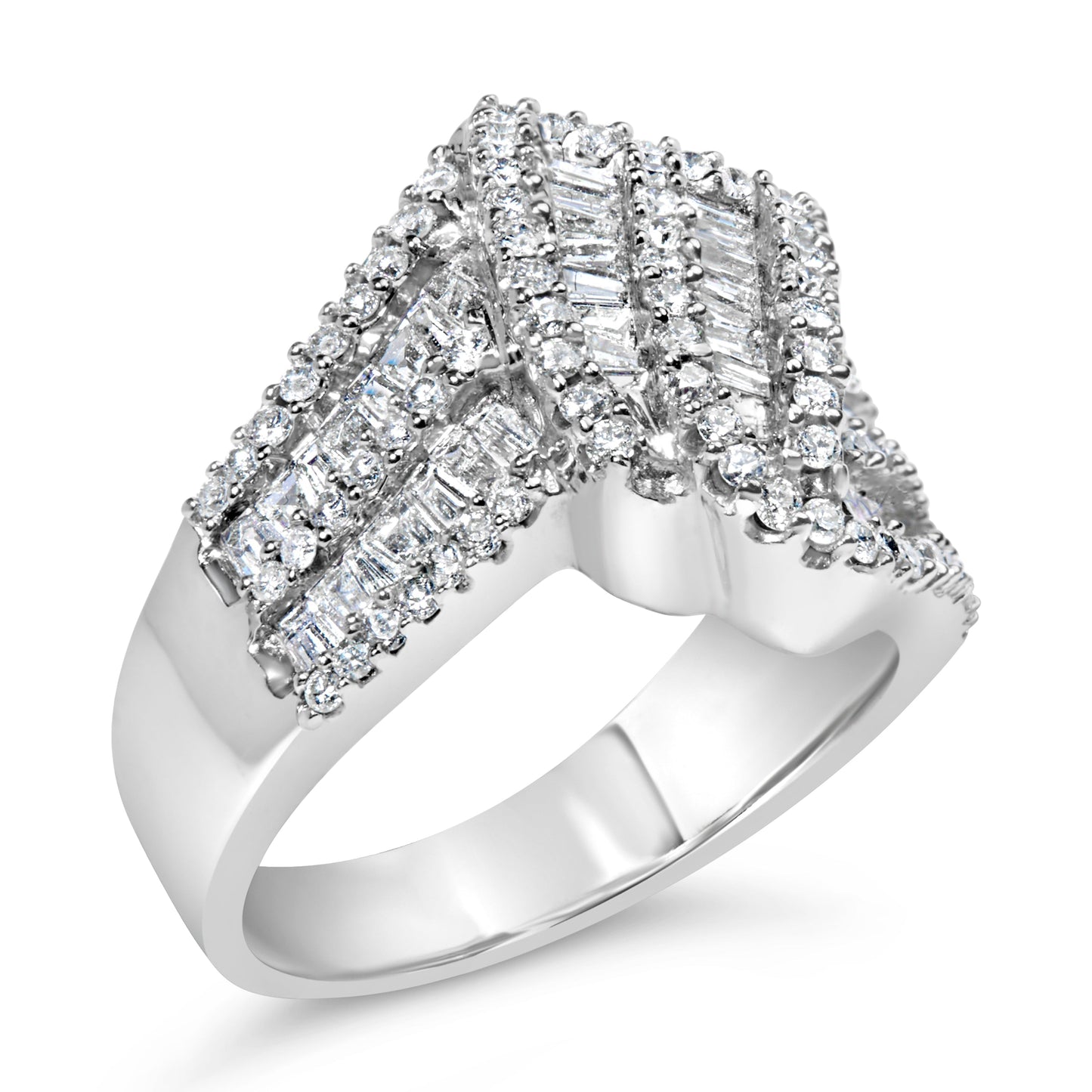 14K White Gold 1-1/2 Cttw Round and Baguette Diamond Bypass Cocktail Ring Band (H-I Color, SI1-SI2 Clarity) - Size 7 Bids.com
