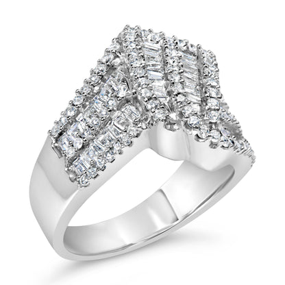 14K White Gold 1-1/2 Cttw Round and Baguette Diamond Bypass Cocktail Ring Band (H-I Color, SI1-SI2 Clarity) - Size 7 Bids.com