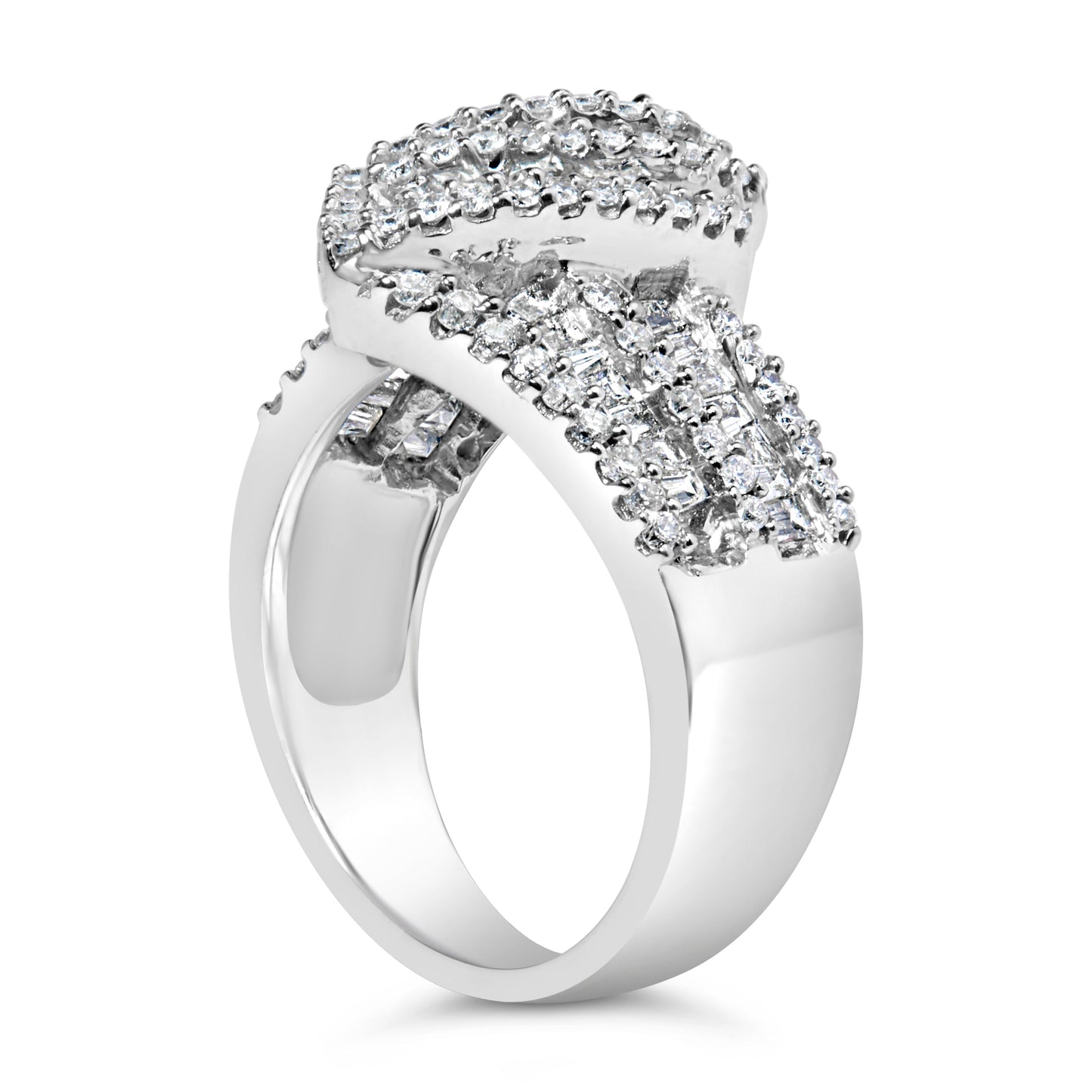 14K White Gold 1-1/2 Cttw Round and Baguette Diamond Bypass Cocktail Ring Band (H-I Color, SI1-SI2 Clarity) - Size 7 Bids.com