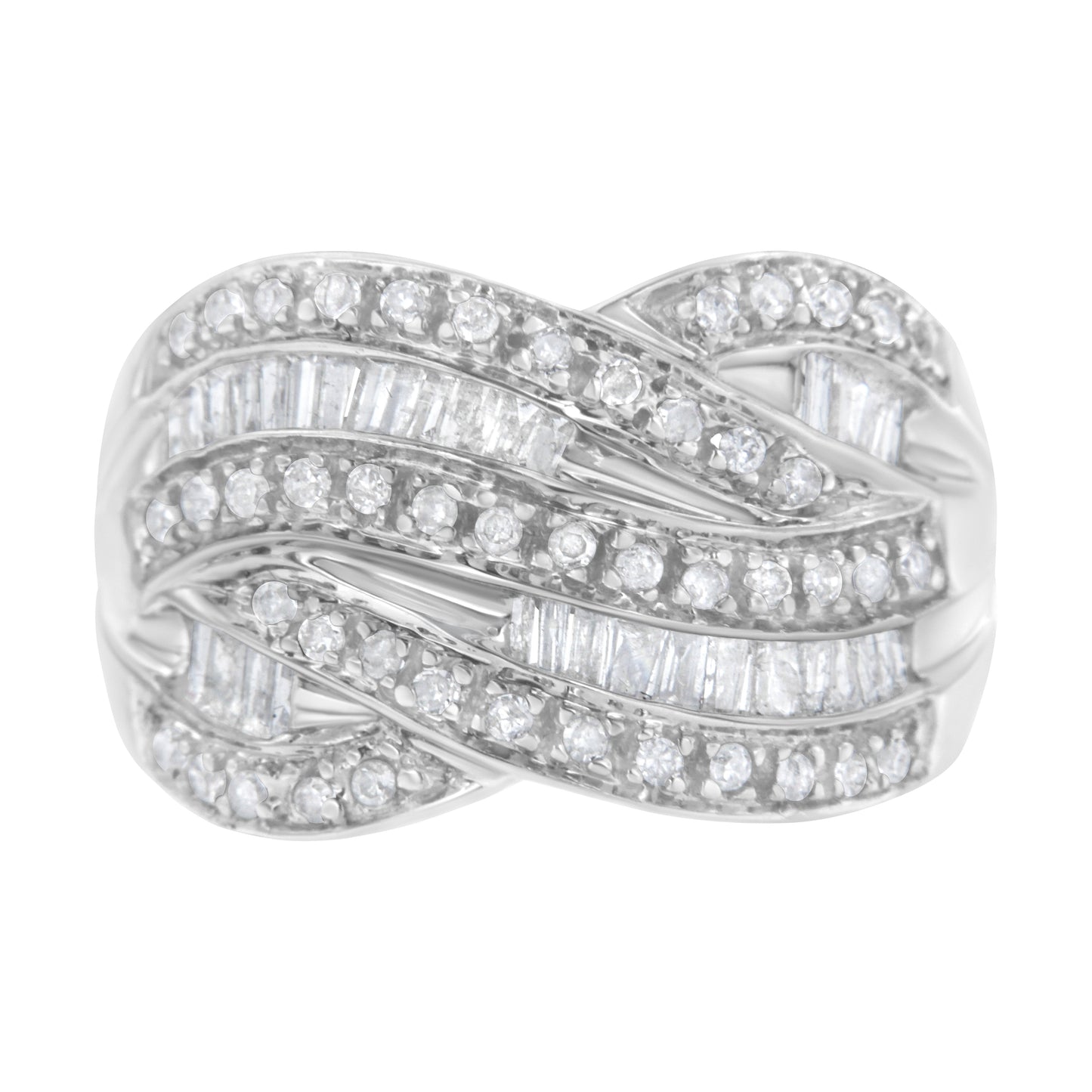 .925 Sterling Silver 1.0 Cttw Channel Set Alternating Round and Baguette Diamond Cross-over Bypass Ring Band (I-J Color, I2-I3 Clarity) - Size 7 Bids.com
