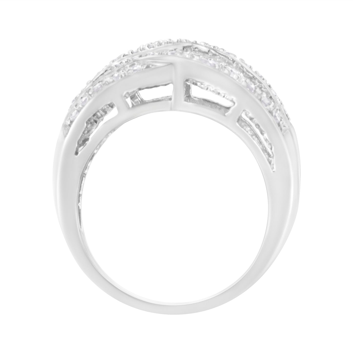 .925 Sterling Silver 1.0 Cttw Channel Set Alternating Round and Baguette Diamond Cross-over Bypass Ring Band (I-J Color, I2-I3 Clarity) - Size 7 Bids.com