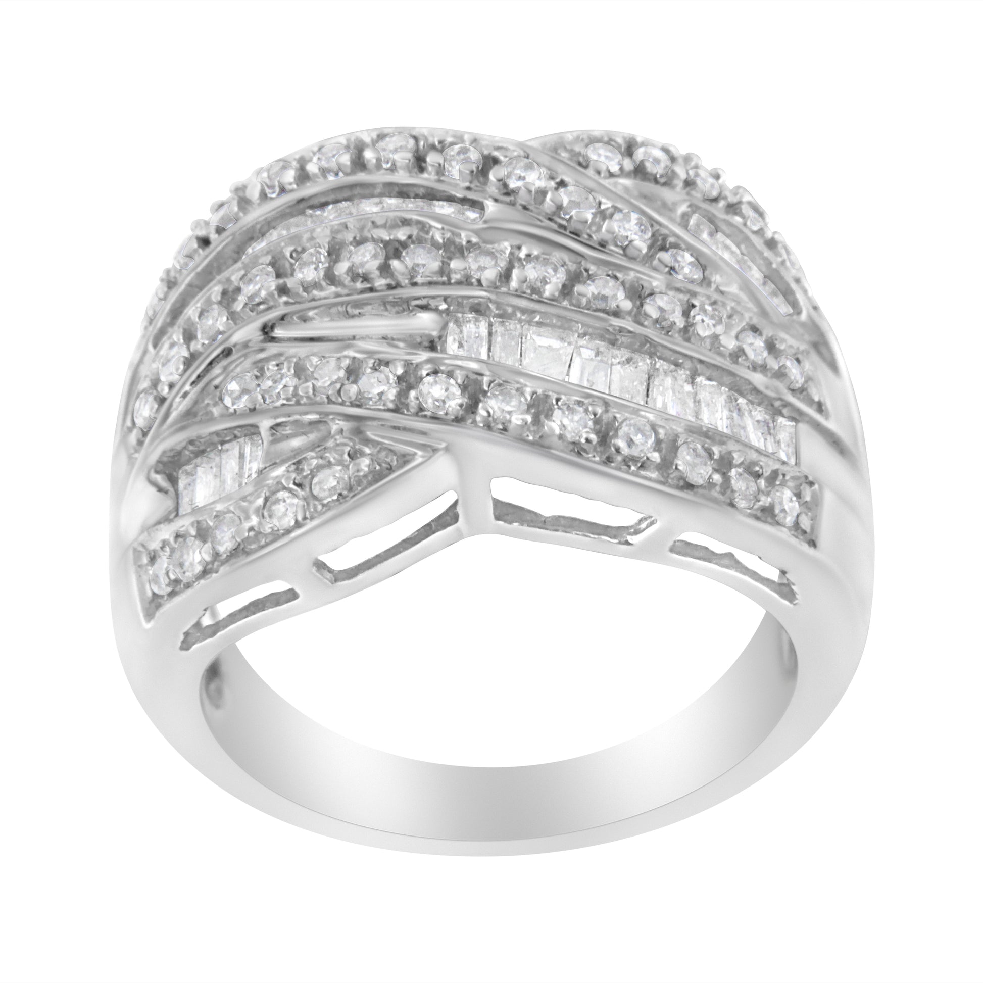.925 Sterling Silver 1.0 Cttw Channel Set Alternating Round and Baguette Diamond Cross-over Bypass Ring Band (I-J Color, I2-I3 Clarity) - Size 7 Bids.com