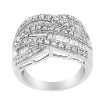.925 Sterling Silver 1.0 Cttw Channel Set Alternating Round and Baguette Diamond Cross-over Bypass Ring Band (I-J Color, I2-I3 Clarity) - Size 7 Bids.com