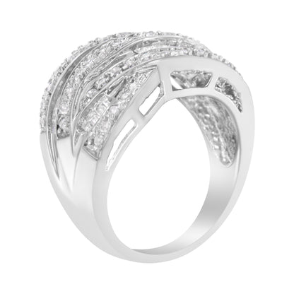 .925 Sterling Silver 1.0 Cttw Channel Set Alternating Round and Baguette Diamond Cross-over Bypass Ring Band (I-J Color, I2-I3 Clarity) - Size 7 Bids.com