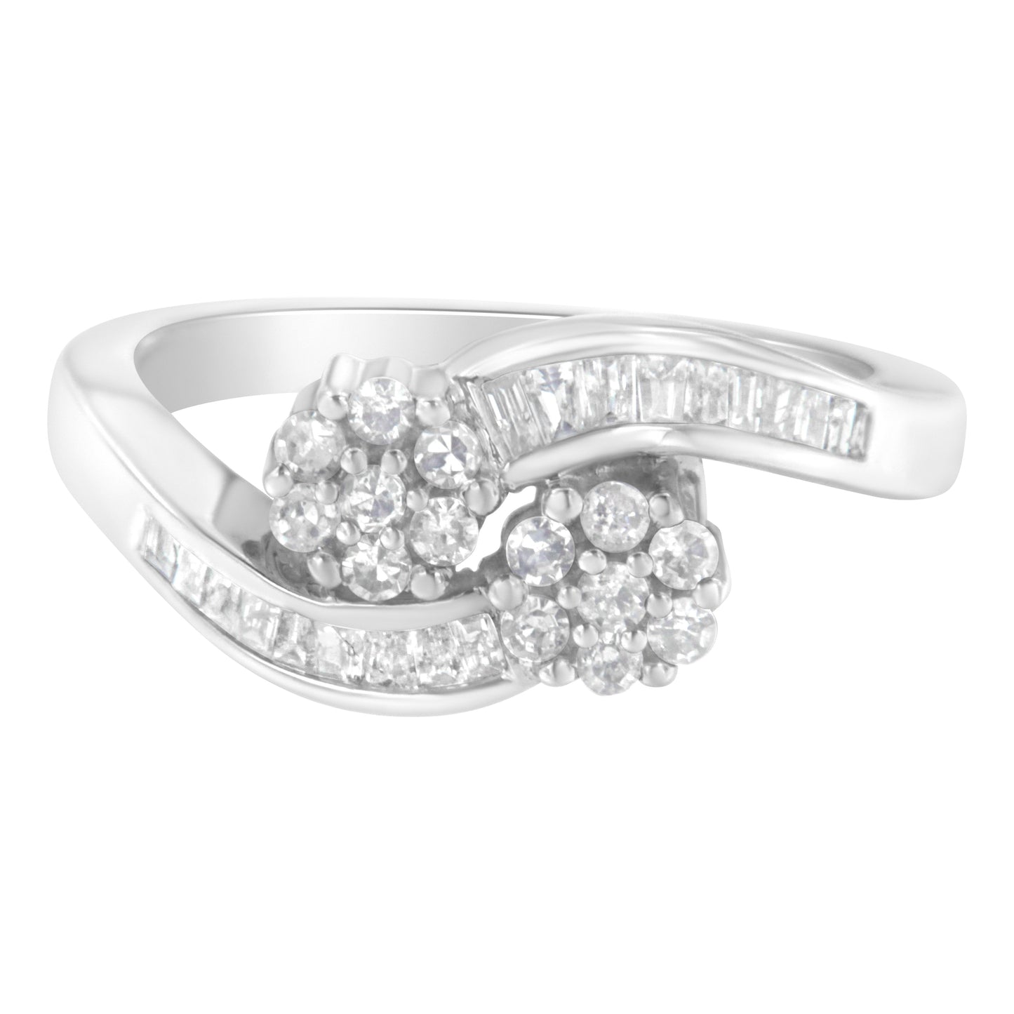 14K White Gold Round and Baguette Diamond Bypass Ring (1/2 cttw, H-I Color, I1-I2 Clarity) - Ring Size 6 Bids.com
