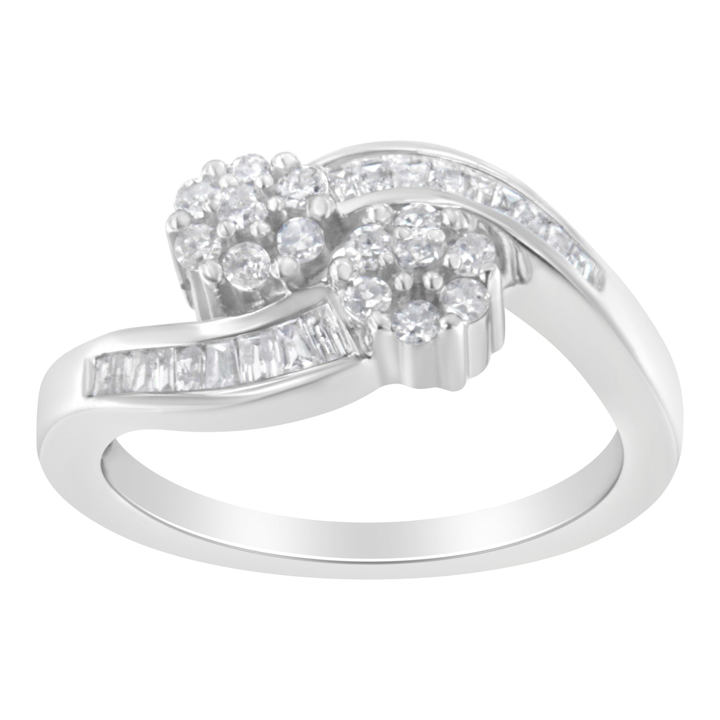 14K White Gold Round and Baguette Diamond Bypass Ring (1/2 cttw, H-I Color, I1-I2 Clarity) - Ring Size 6 Bids.com