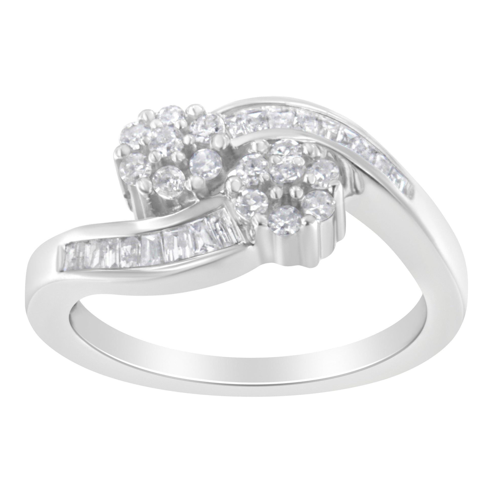 14K White Gold Round and Baguette Diamond Bypass Ring (1/2 cttw, H-I Color, I1-I2 Clarity) - Ring Size 6 Bids.com