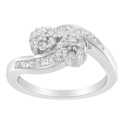 14K White Gold Round and Baguette Diamond Bypass Ring (1/2 cttw, H-I Color, I1-I2 Clarity) - Ring Size 6 Bids.com