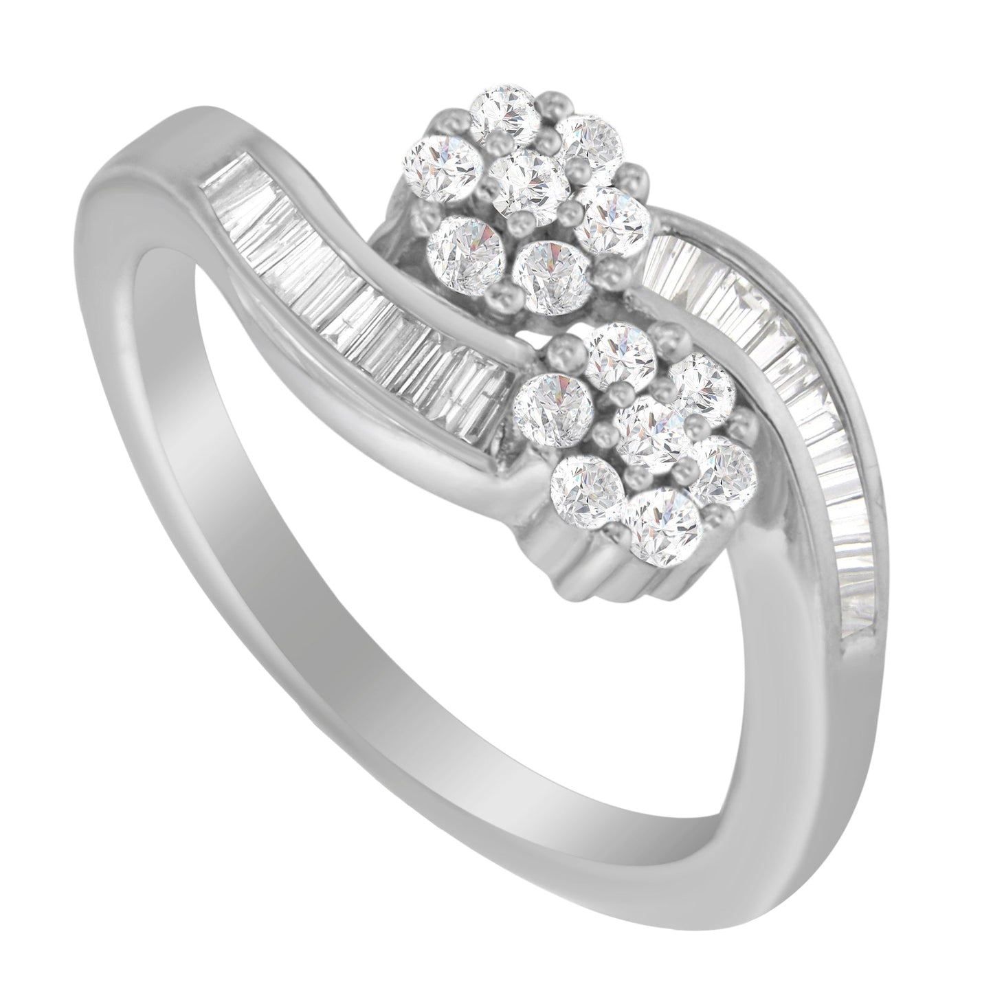 14K White Gold Round and Baguette Diamond Bypass Ring (1/2 cttw, H-I Color, I1-I2 Clarity) - Ring Size 6 Bids.com