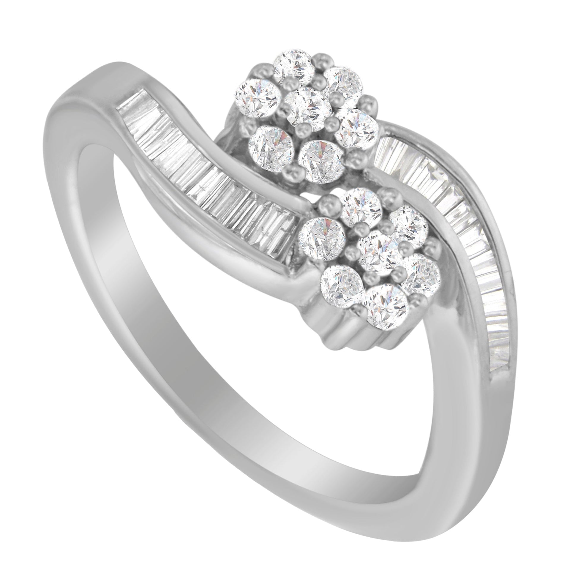 14K White Gold Round and Baguette Diamond Bypass Ring (1/2 cttw, H-I Color, I1-I2 Clarity) - Ring Size 6 Bids.com