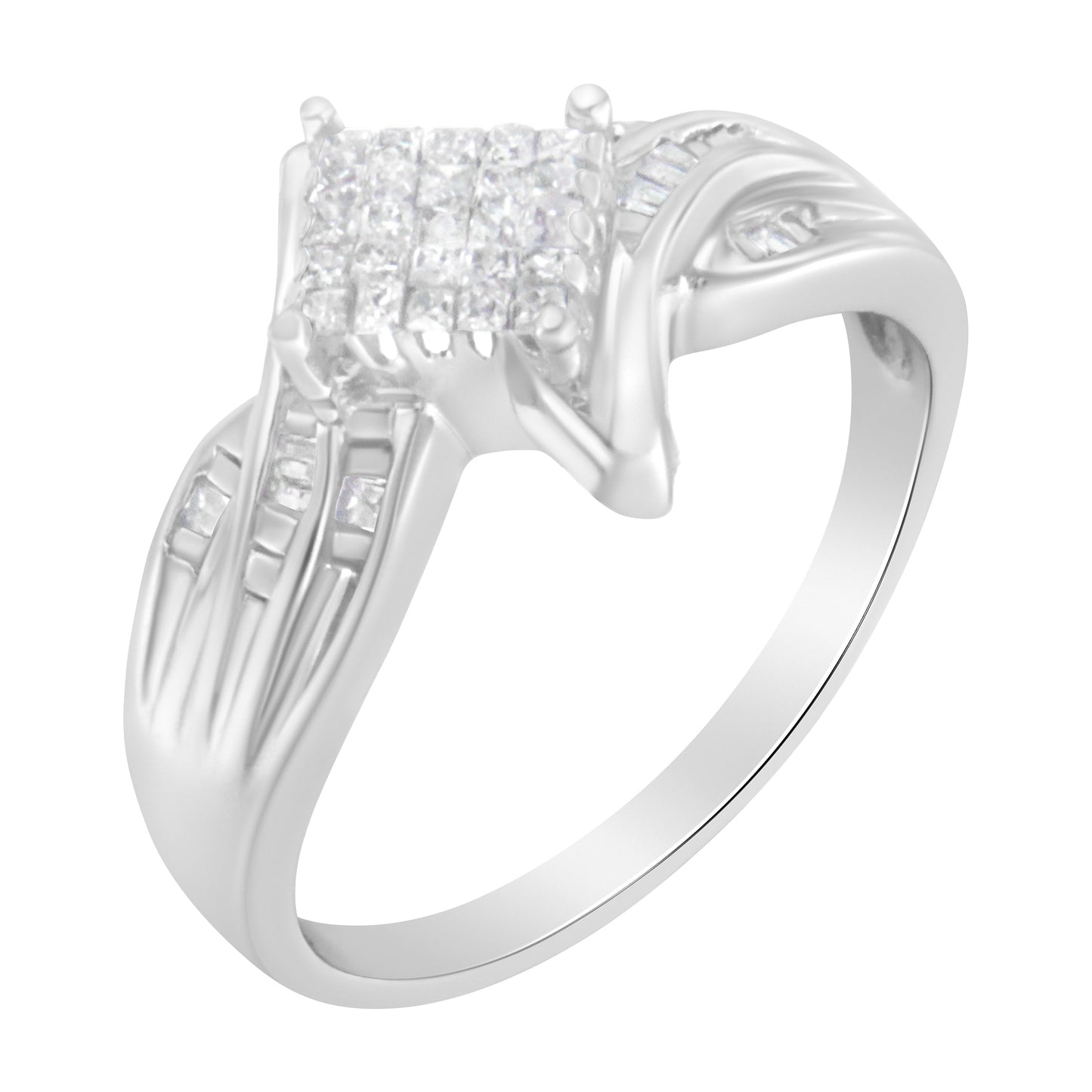 10K White Gold 1/3 Cttw Princess and Baguette Cut Diamond Bypass Style Cocktail Ring (I-J Color, I1-I2 Clarity) - Size 4 Bids.com