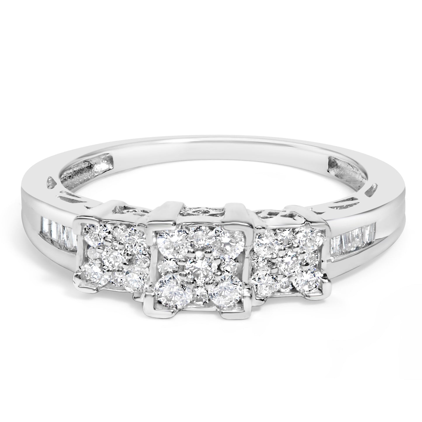 10K White Gold 1/2 Cttw Brilliant & Baguette Cut Diamond 3 Stone Design with 3 Square Clusters Engagement Ring (H-I Color, SI2-I1 Clarity) - Size 6-3/4 Bids.com