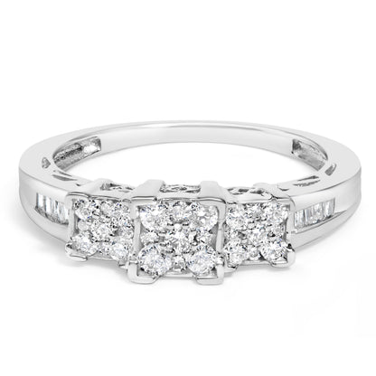 10K White Gold 1/2 Cttw Brilliant & Baguette Cut Diamond 3 Stone Design with 3 Square Clusters Engagement Ring (H-I Color, SI2-I1 Clarity) - Size 6-3/4 Bids.com