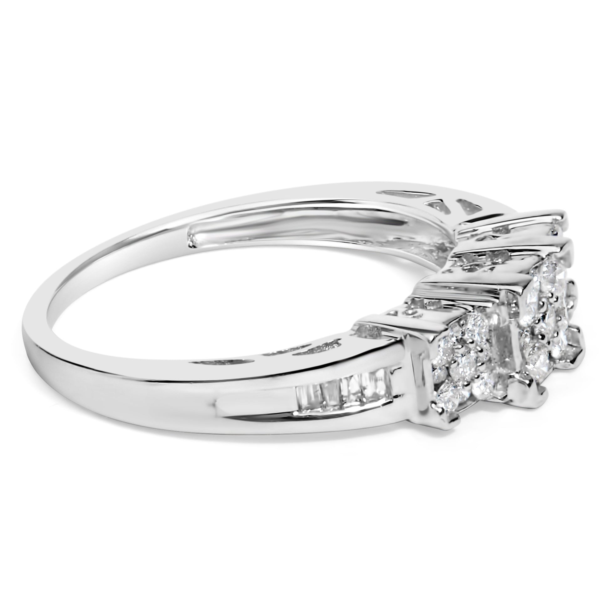 10K White Gold 1/2 Cttw Brilliant & Baguette Cut Diamond 3 Stone Design with 3 Square Clusters Engagement Ring (H-I Color, SI2-I1 Clarity) - Size 6-3/4 Bids.com