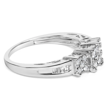 10K White Gold 1/2 Cttw Brilliant & Baguette Cut Diamond 3 Stone Design with 3 Square Clusters Engagement Ring (H-I Color, SI2-I1 Clarity) - Size 6-3/4 Bids.com