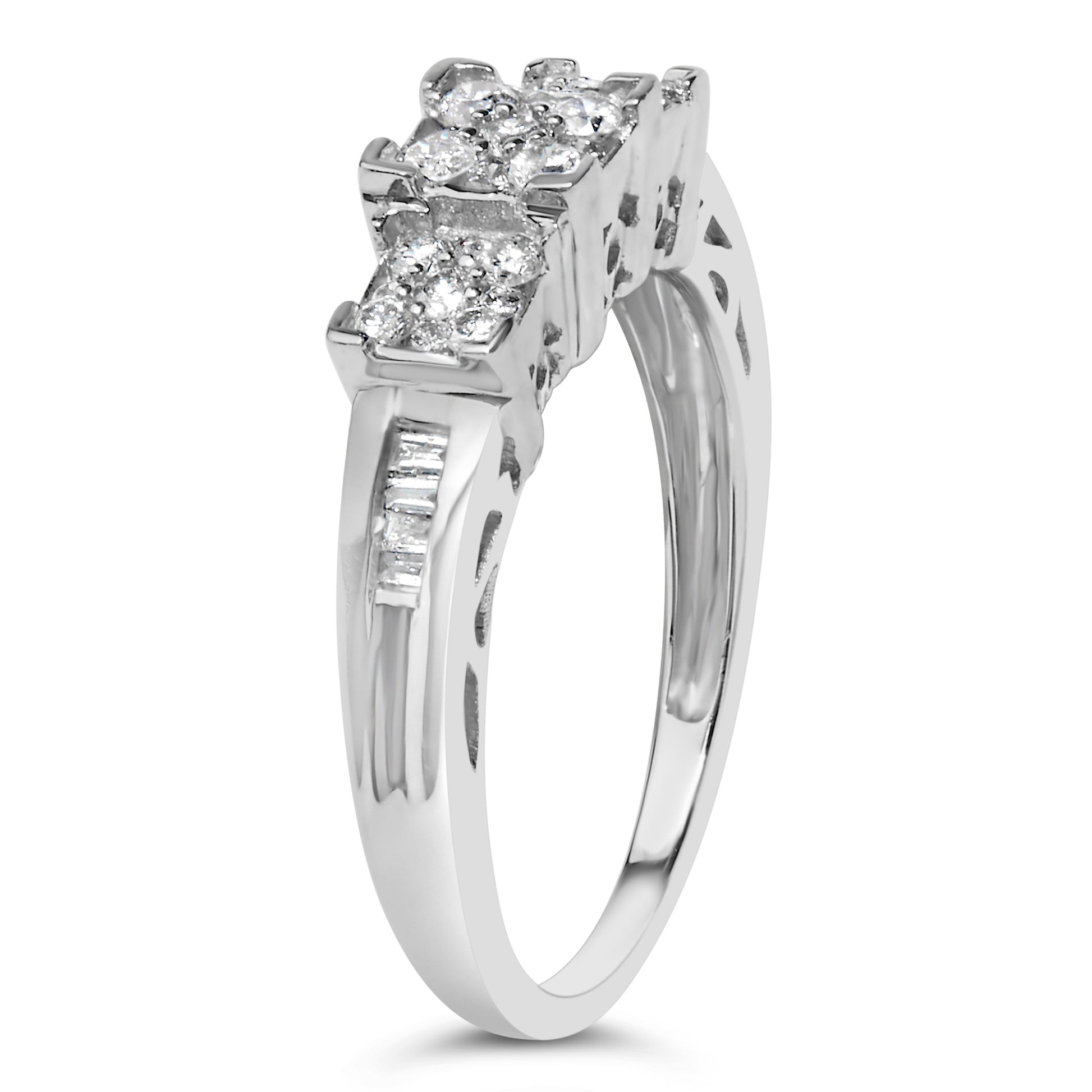 10K White Gold 1/2 Cttw Brilliant & Baguette Cut Diamond 3 Stone Design with 3 Square Clusters Engagement Ring (H-I Color, SI2-I1 Clarity) - Size 6-3/4 Bids.com