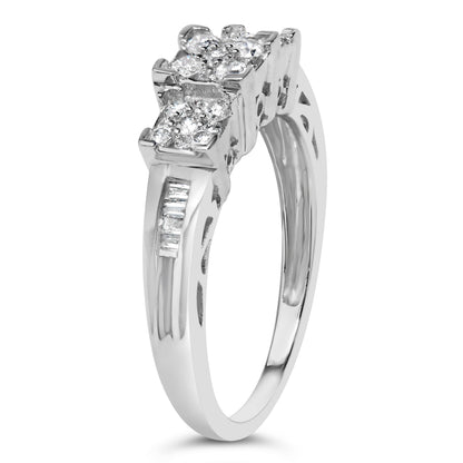 10K White Gold 1/2 Cttw Brilliant & Baguette Cut Diamond 3 Stone Design with 3 Square Clusters Engagement Ring (H-I Color, SI2-I1 Clarity) - Size 6-3/4 Bids.com
