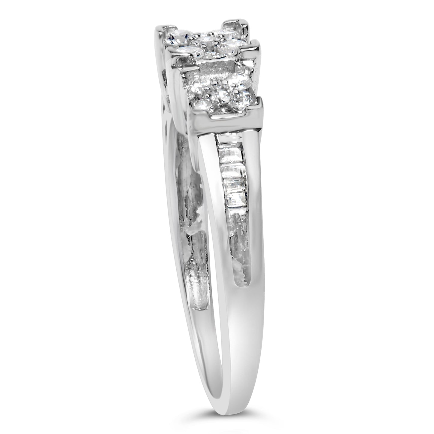 10K White Gold 1/2 Cttw Brilliant & Baguette Cut Diamond 3 Stone Design with 3 Square Clusters Engagement Ring (H-I Color, SI2-I1 Clarity) - Size 6-3/4 Bids.com