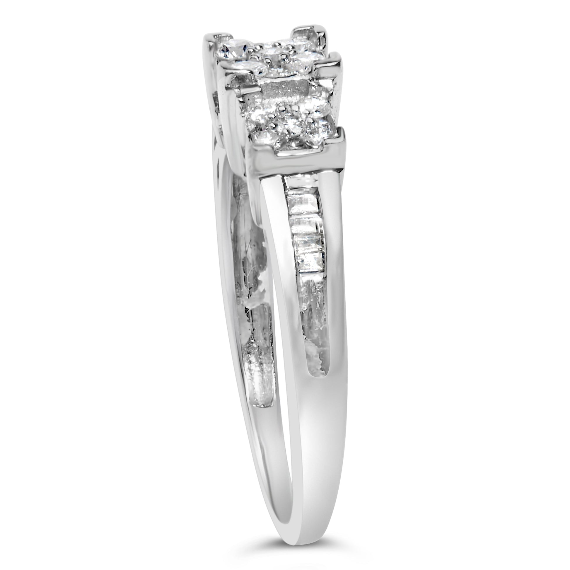 10K White Gold 1/2 Cttw Brilliant & Baguette Cut Diamond 3 Stone Design with 3 Square Clusters Engagement Ring (H-I Color, SI2-I1 Clarity) - Size 6-3/4 Bids.com