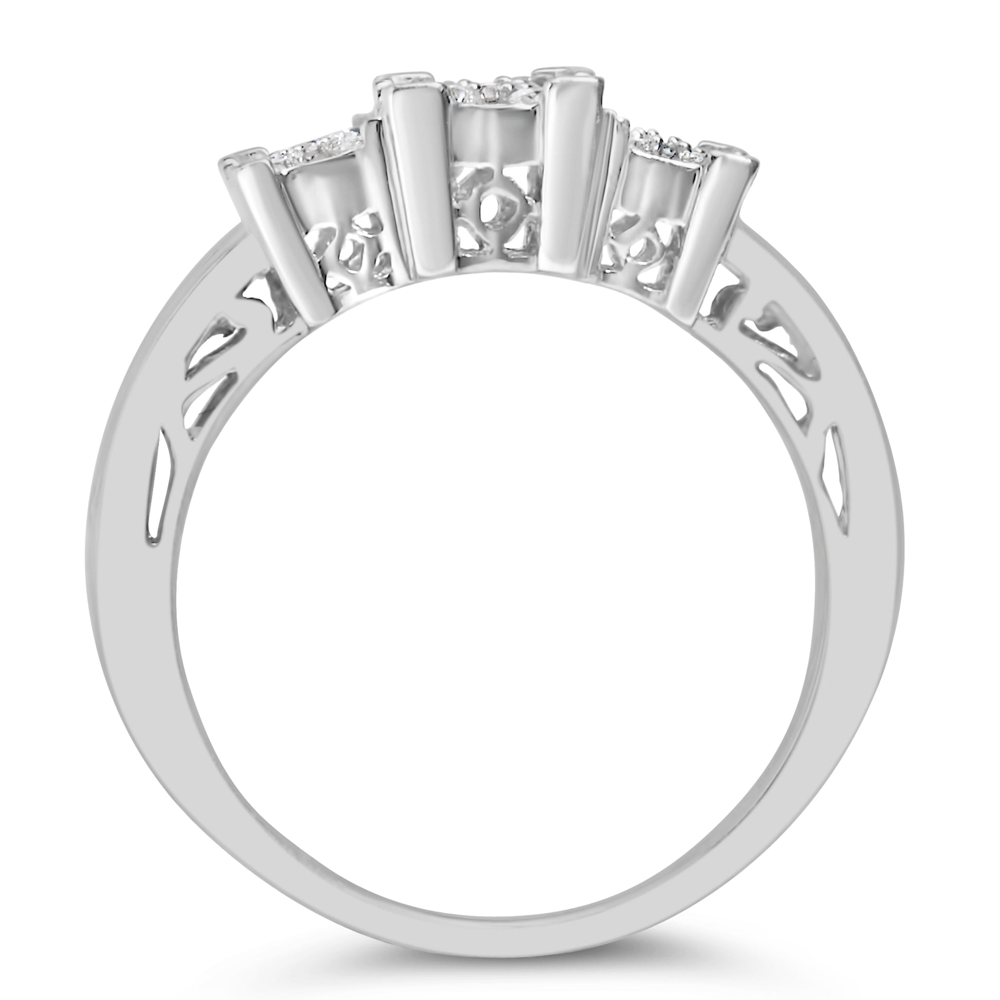 10K White Gold 1/2 Cttw Brilliant & Baguette Cut Diamond 3 Stone Design with 3 Square Clusters Engagement Ring (H-I Color, SI2-I1 Clarity) - Size 6-3/4 Bids.com