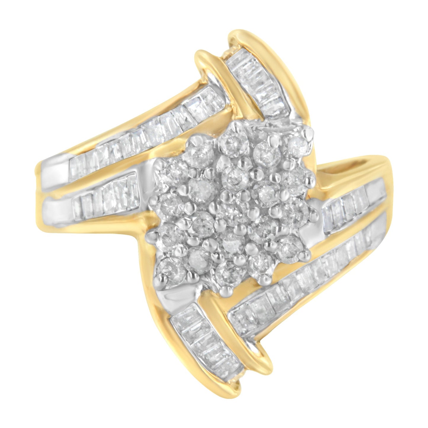 10K Yellow Gold Round and Baguette-Cut Diamond Bypass Cluster Ring (1.0 Cttw, I-J Color, I1-I2 Clarity) - Size 8 Bids.com
