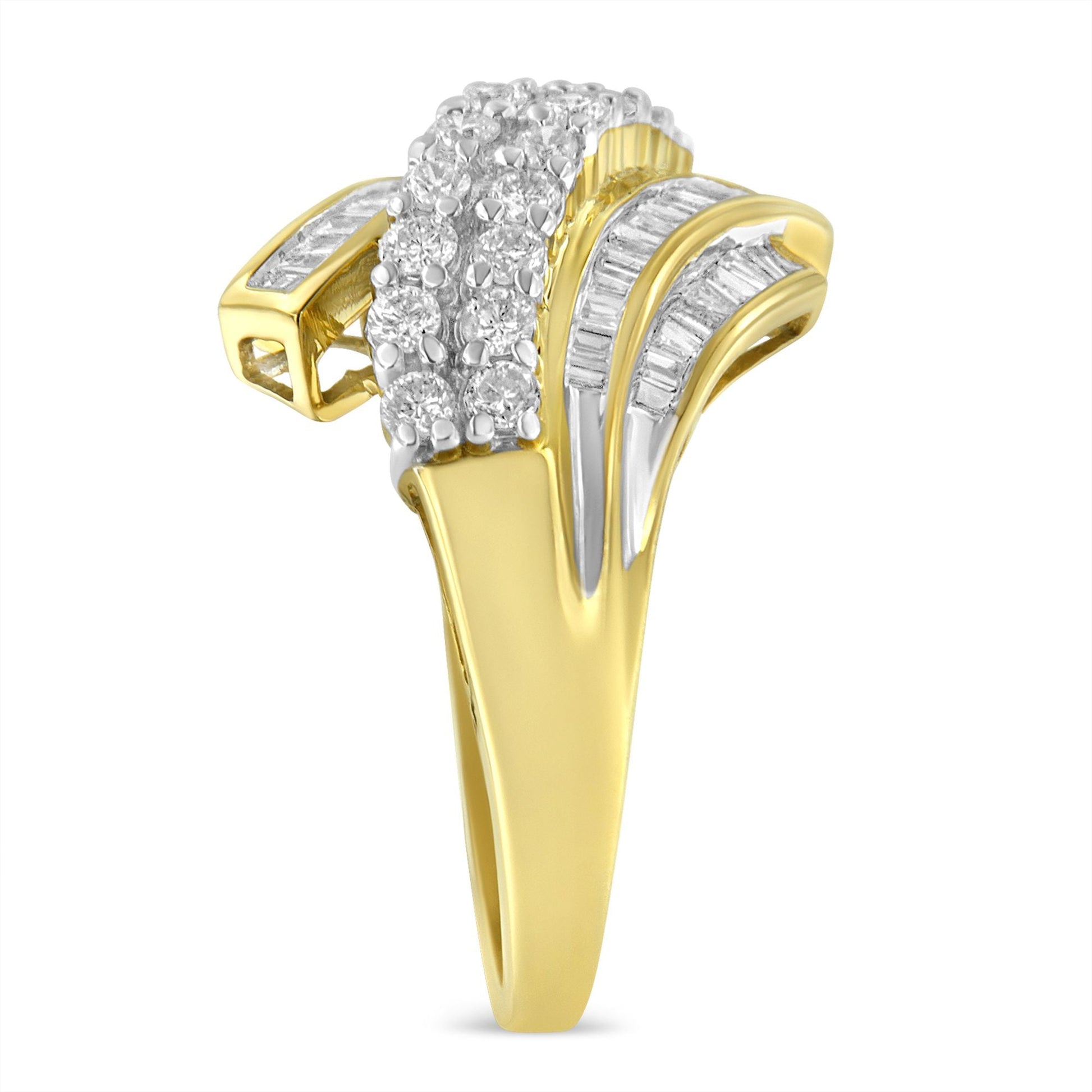 10K Yellow Gold 1.0 Cttw Round & Baguette Cut Diamond 64 Stone Bypass Style Channel Set Modern Statement Ring (H-I Color, SI1-SI2 Clarity) - Size 6 Bids.com