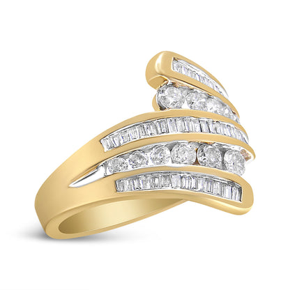 10K Yellow Gold 1 Cttw Round and Baguette-Cut Diamond Multi Row Bypass Ring Band (H-I Color, I1-I2 Clarity) - Ring Size 7 Bids.com