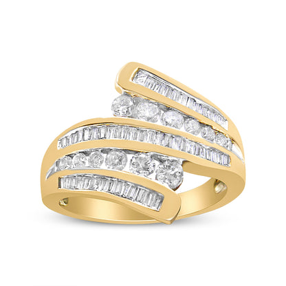 10K Yellow Gold 1 Cttw Round and Baguette-Cut Diamond Multi Row Bypass Ring Band (H-I Color, I1-I2 Clarity) - Ring Size 7 Bids.com