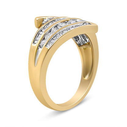 10K Yellow Gold 1 Cttw Round and Baguette-Cut Diamond Multi Row Bypass Ring Band (H-I Color, I1-I2 Clarity) - Ring Size 7 Bids.com