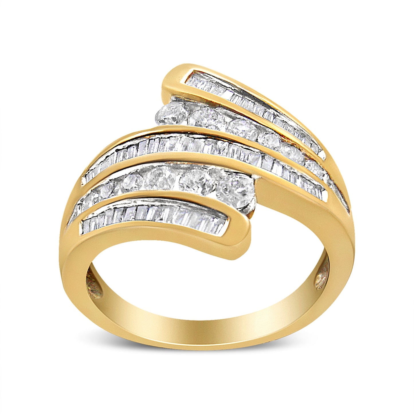10K Yellow Gold 1 Cttw Round and Baguette-Cut Diamond Multi Row Bypass Ring Band (H-I Color, I1-I2 Clarity) - Ring Size 7 Bids.com
