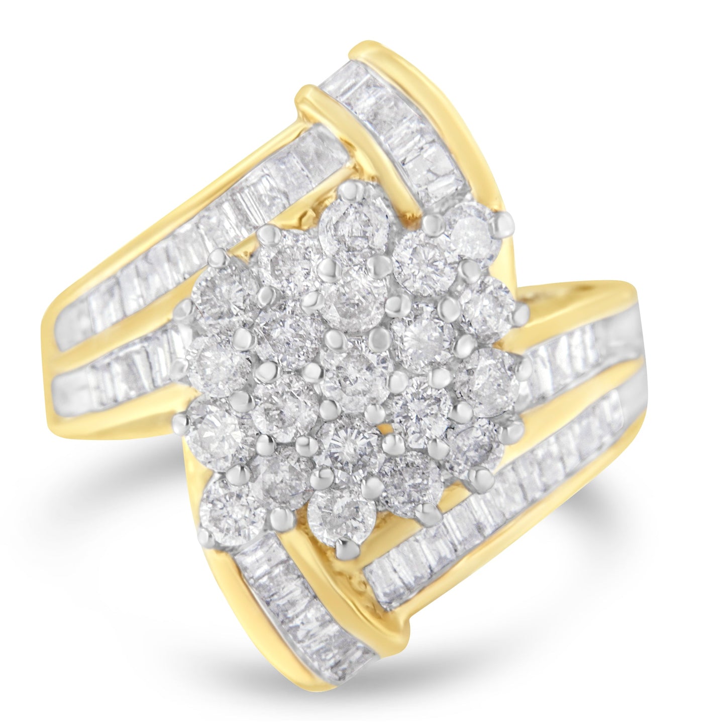 10K Yellow Gold Round and Baguette Diamond Crossover Cluster Ring (3 Cttw, I-J Color, I1-I2 Clarity) - Size 7-1/2 Bids.com
