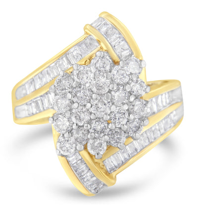10K Yellow Gold Round and Baguette Diamond Crossover Cluster Ring (3 Cttw, I-J Color, I1-I2 Clarity) - Size 7-1/2 Bids.com