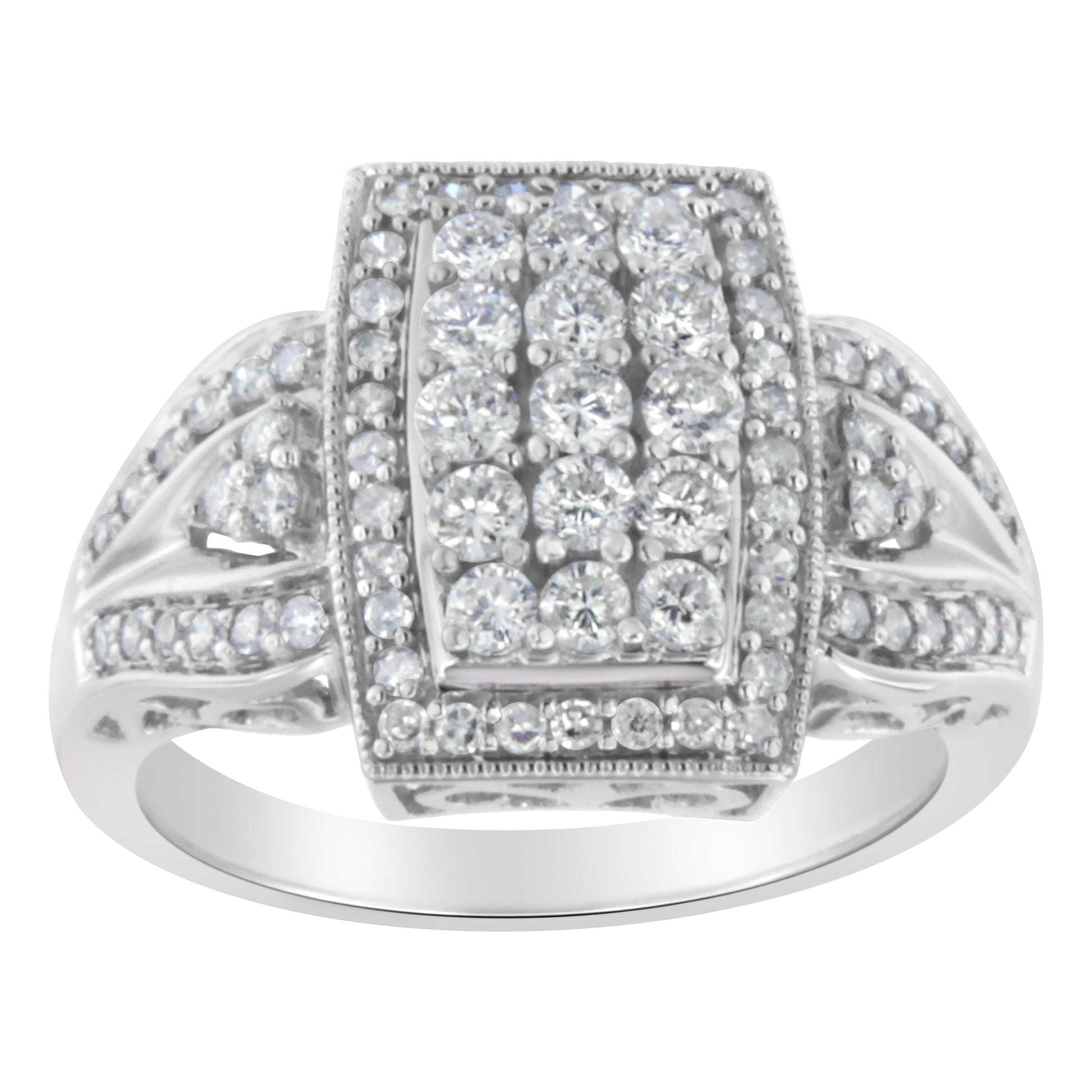 10K White Gold 1.0 Cttw Diamond Rectangular Cushion Shaped Cluster Halo Flared Band Cocktail Fashion Ring (H-I Color, SI2-I1 Clarity) - Size 7 Bids.com