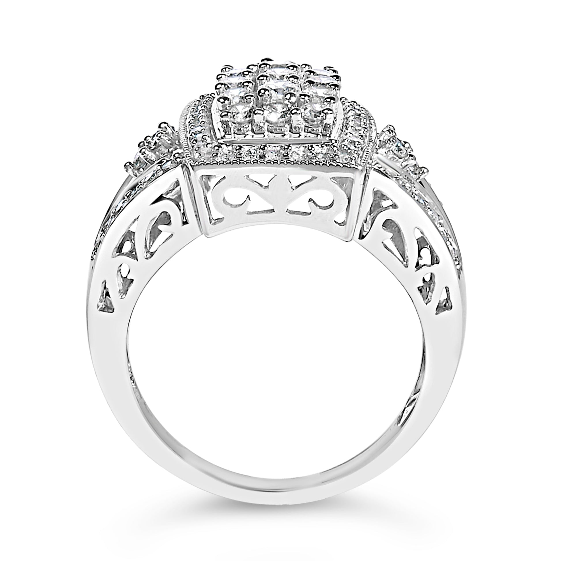 10K White Gold 1.0 Cttw Diamond Rectangular Cushion Shaped Cluster Halo Flared Band Cocktail Fashion Ring (H-I Color, SI2-I1 Clarity) - Size 7 Bids.com
